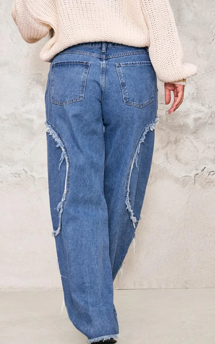 Vintage Mid Wash Asymmetric Frayed Detail Mid Rise Straight Leg Jeans