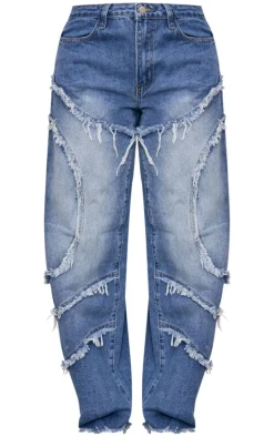 Vintage Mid Wash Asymmetric Frayed Detail Mid Rise Straight Leg Jeans
