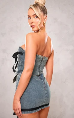 Vintage Mid Wash Contrast Bow Detail Denim Corset Top