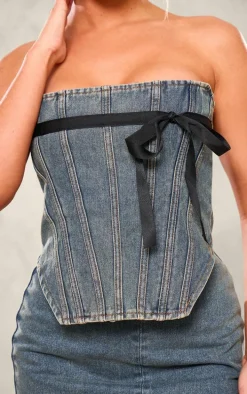 Vintage Mid Wash Contrast Bow Detail Denim Corset Top