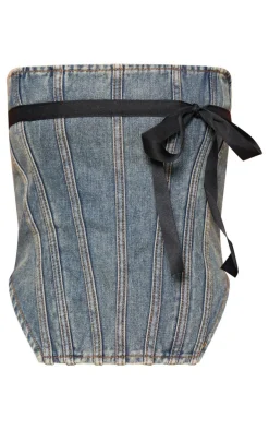 Vintage Mid Wash Contrast Bow Detail Denim Corset Top