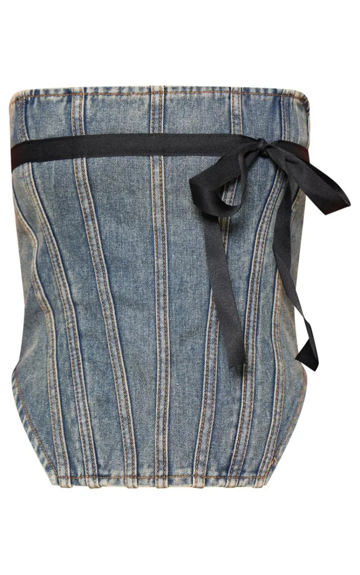 Vintage Mid Wash Contrast Bow Detail Denim Corset Top