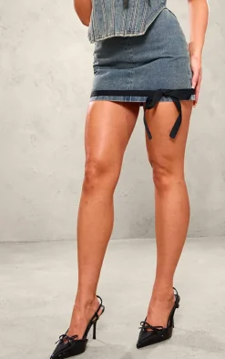 Vintage Mid Wash Contrast Bow Detail Denim Micro Mini Skirt