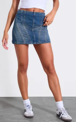 Vintage Mid Wash Contrast Seam Detail Brushed Denim Mini Skirt