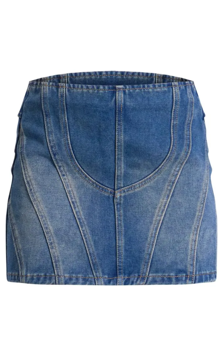 Vintage Mid Wash Contrast Seam Detail Brushed Denim Mini Skirt