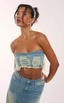 Vintage Mid Wash Distressed Denim Bandeau Top