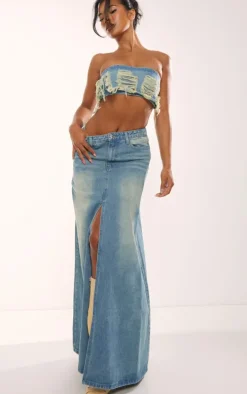 Vintage Mid Wash Distressed Denim Bandeau Top