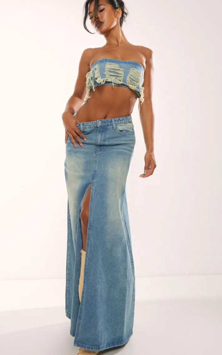 Vintage Mid Wash Distressed Denim Bandeau Top