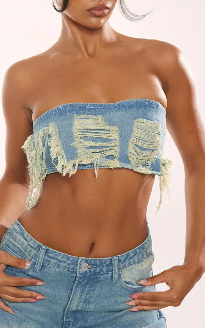 Vintage Mid Wash Distressed Denim Bandeau Top
