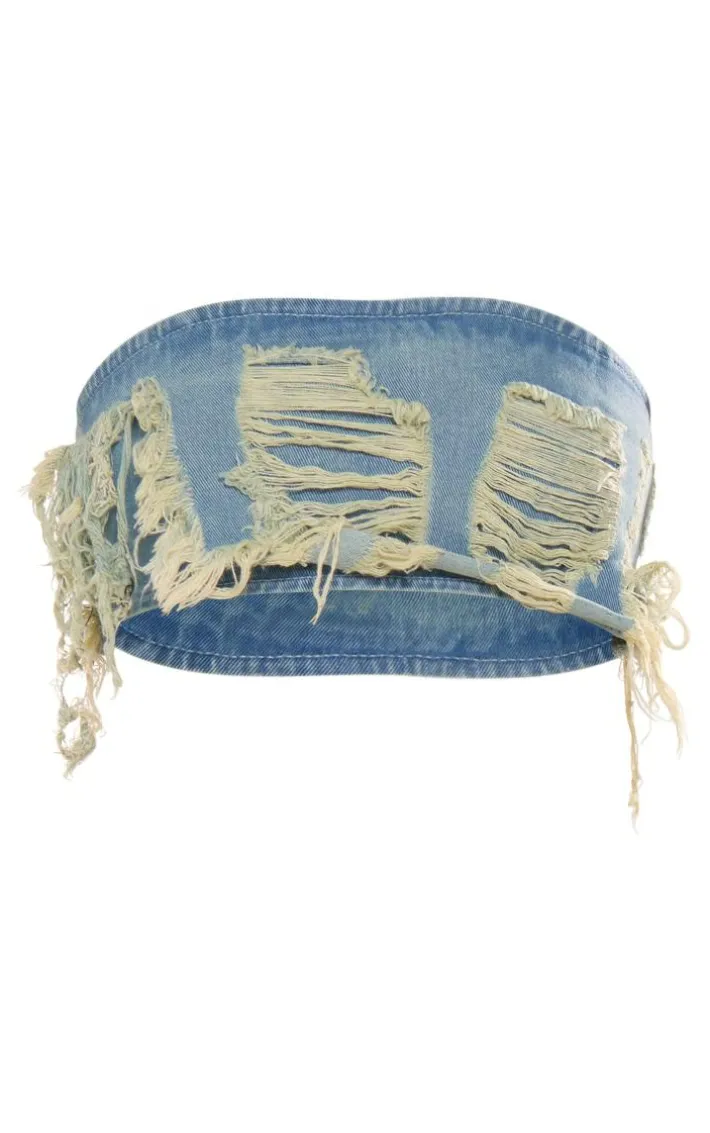 Vintage Mid Wash Distressed Denim Bandeau Top