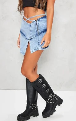 Vintage Mid Wash Double Layer Tie Side Denim Mini Skirt