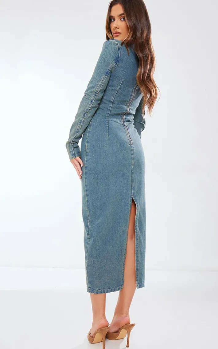 Vintage Mid Wash Eyelet Detail Denim Maxi Dress