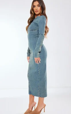 Vintage Mid Wash Eyelet Detail Denim Maxi Dress