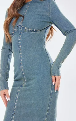 Vintage Mid Wash Eyelet Detail Denim Maxi Dress