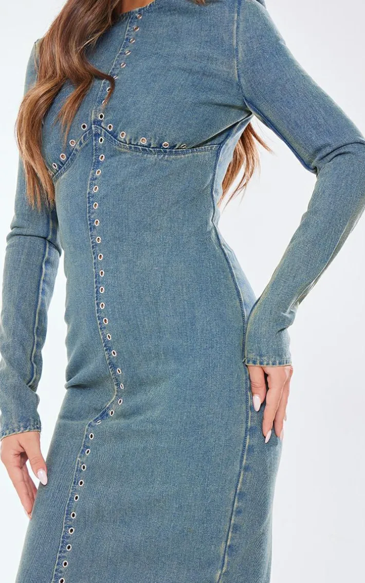 Vintage Mid Wash Eyelet Detail Denim Maxi Dress