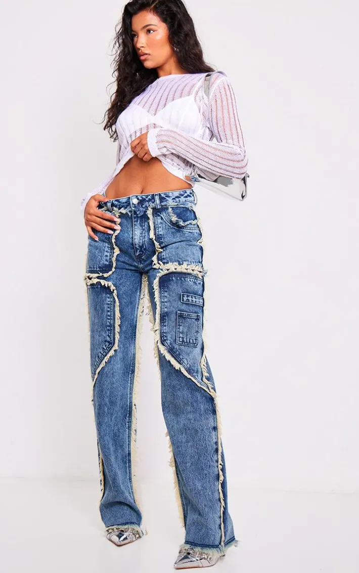 Vintage Mid Wash Frayed Edge Wide Leg Jeans