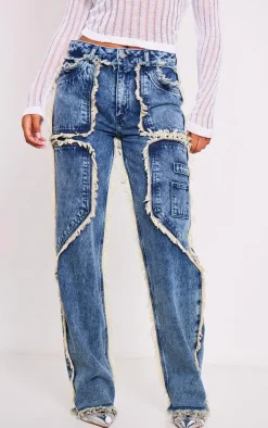 Vintage Mid Wash Frayed Edge Wide Leg Jeans