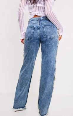 Vintage Mid Wash Frayed Edge Wide Leg Jeans