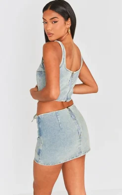 Vintage Mid Wash Lace Front Square Neckline Denim Top