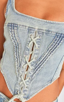 Vintage Mid Wash Lace Front Square Neckline Denim Top