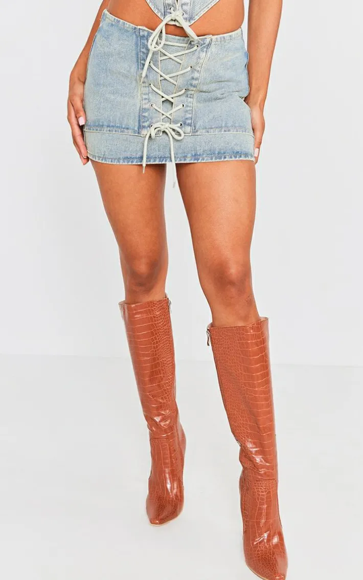 Vintage Mid Wash Lace Front Denim Mini Skirt