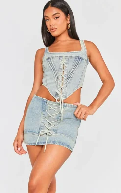 Vintage Mid Wash Lace Front Denim Mini Skirt