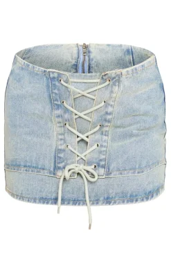 Vintage Mid Wash Lace Front Denim Mini Skirt