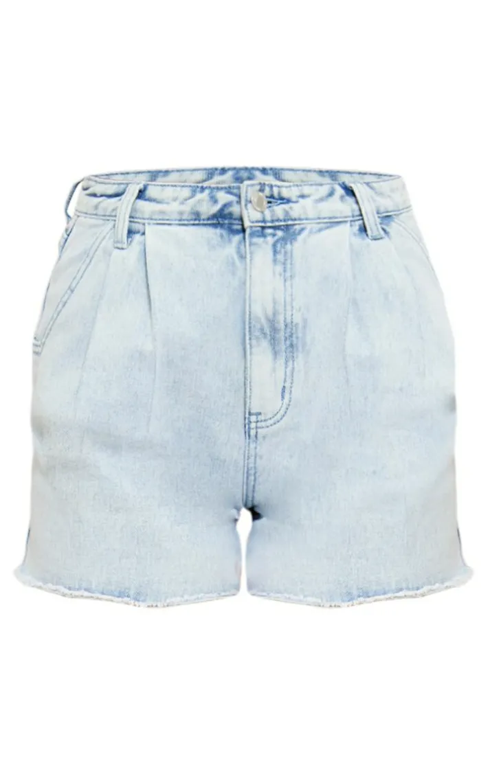 Vintage Mid Wash Pleat Front Wide Leg Denim Shorts
