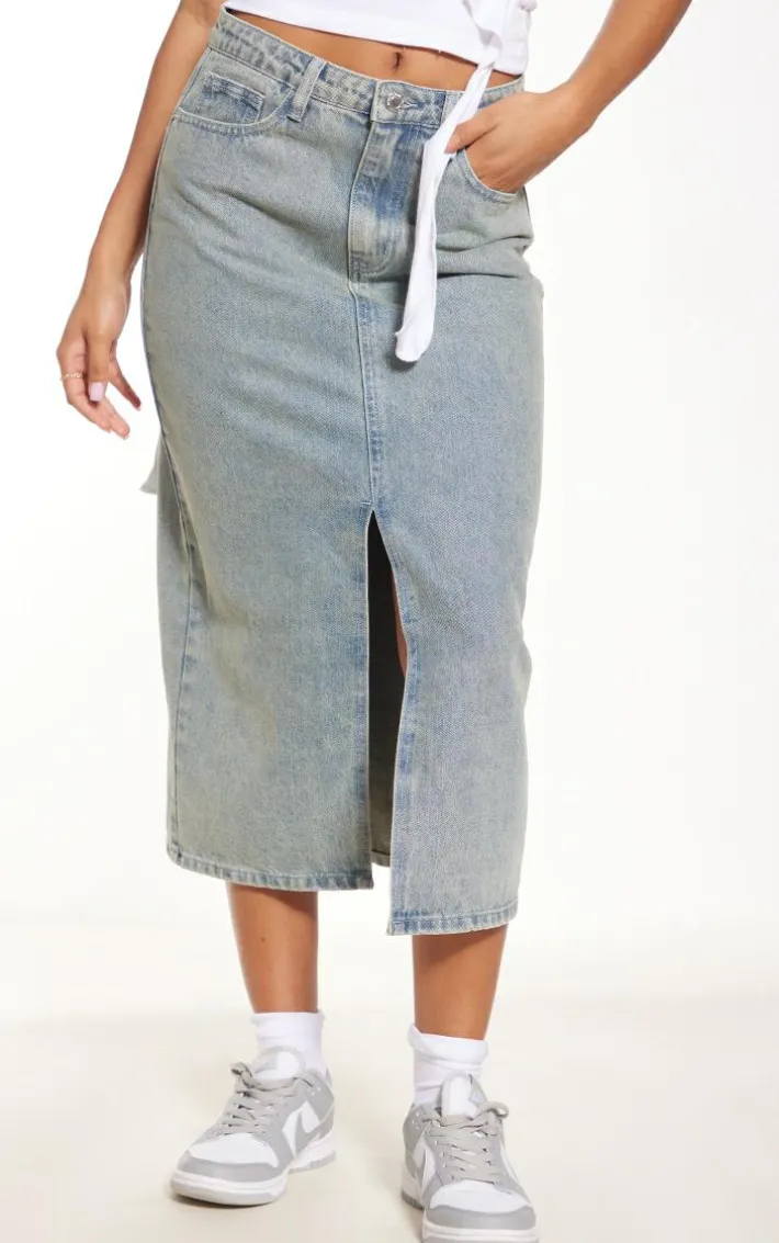 Vintage Mid Wash Split Front Mid Rise Denim Midi Skirt