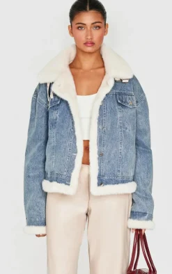 Vintage Soft Faux Fur Aviator Style Denim Jacket