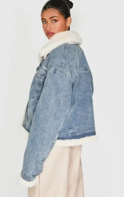 Vintage Soft Faux Fur Aviator Style Denim Jacket