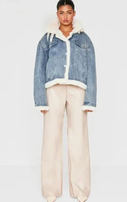 Vintage Soft Faux Fur Aviator Style Denim Jacket