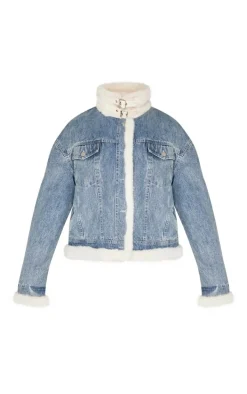 Vintage Soft Faux Fur Aviator Style Denim Jacket