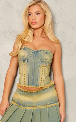 Vintage Studded Raw Hem Bandeau Denim Crop Top