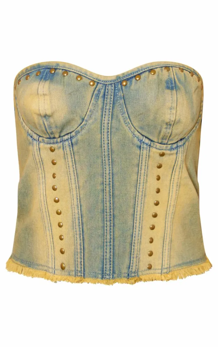 Vintage Studded Raw Hem Bandeau Denim Crop Top