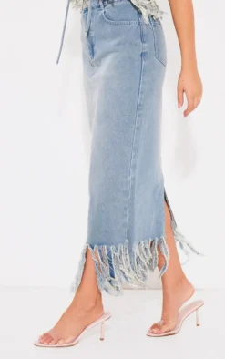 Vintage Tassel Denim Extreme Fray Midi Skirt
