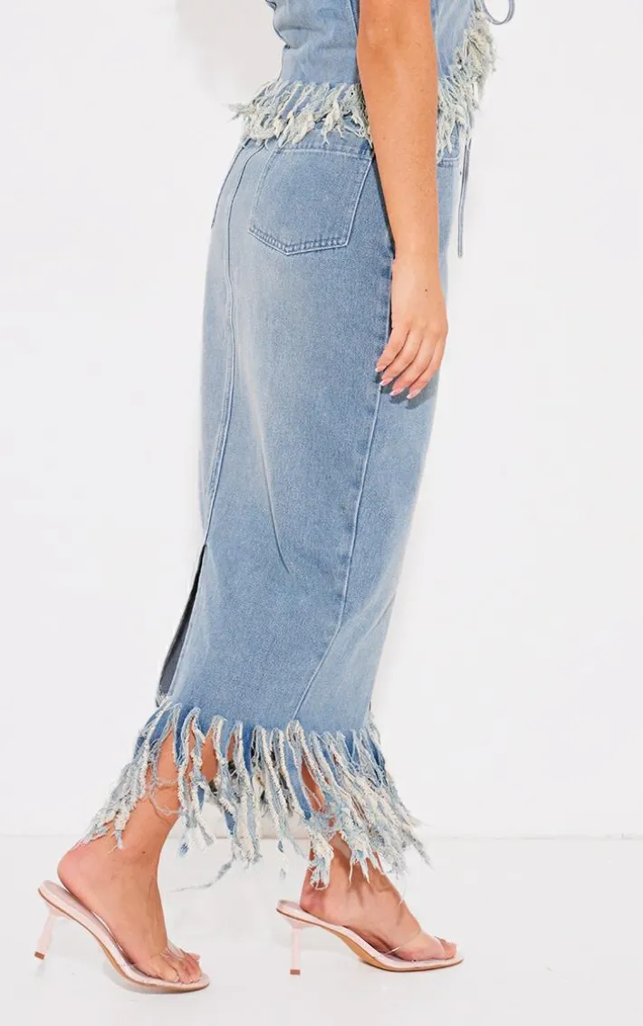 Vintage Tassel Denim Extreme Fray Midi Skirt