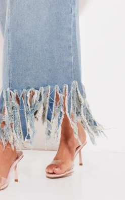 Vintage Tassel Denim Extreme Fray Midi Skirt