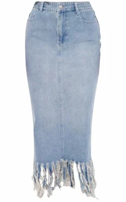 Vintage Tassel Denim Extreme Fray Midi Skirt