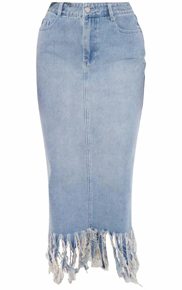 Vintage Tassel Denim Extreme Fray Midi Skirt