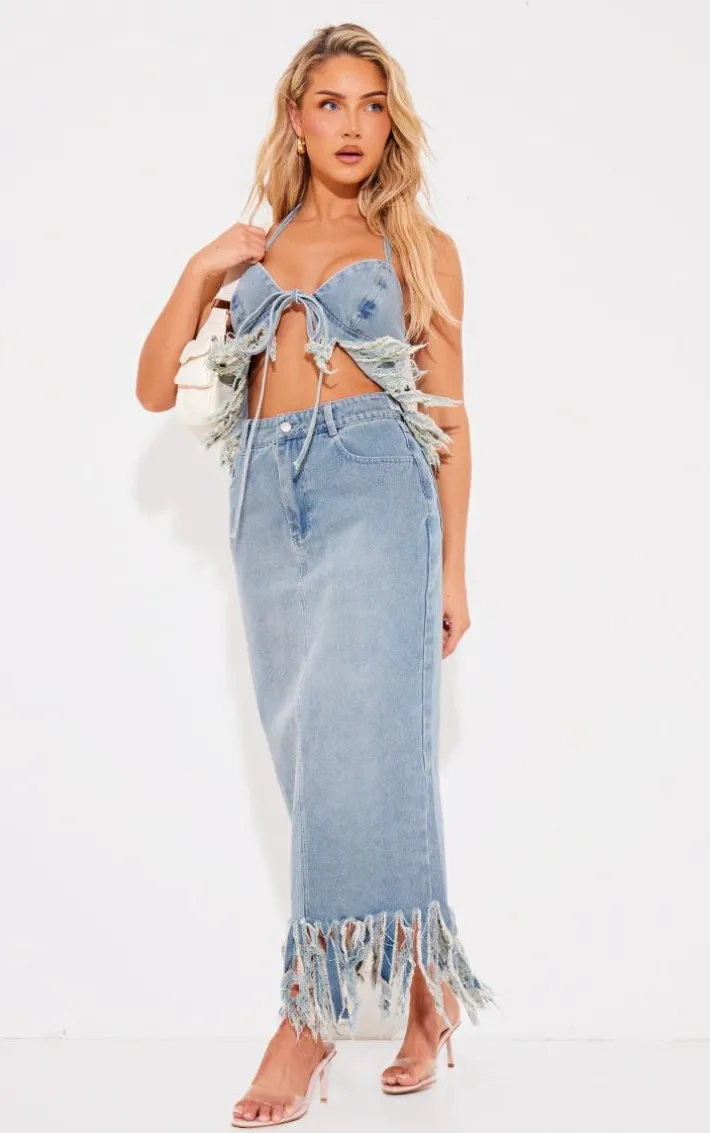 Vintage Tassel Halterneck Extreme Fray Denim Bralet