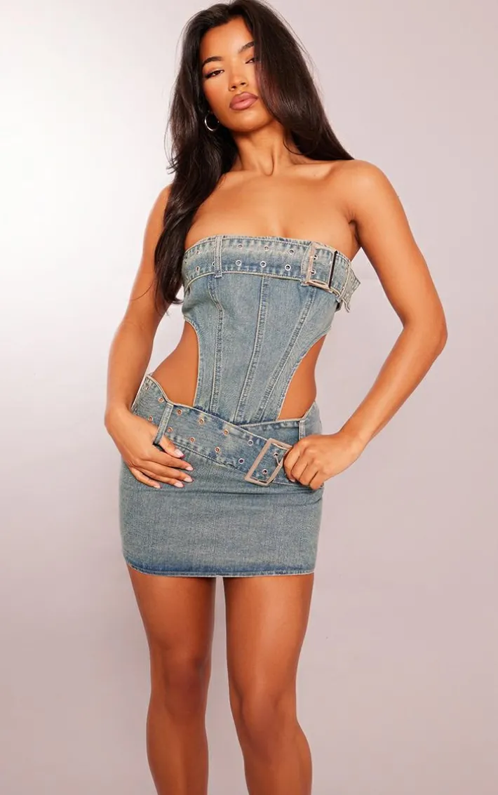 Vintage Wash Belt Detail Cut Out Bandeau Denim Dress