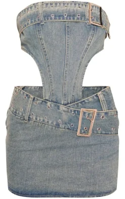 Vintage Wash Belt Detail Cut Out Bandeau Denim Dress
