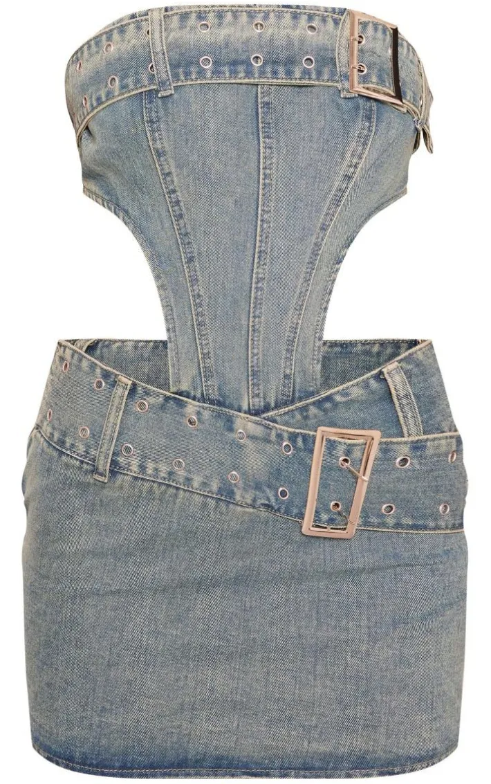 Vintage Wash Belt Detail Cut Out Bandeau Denim Dress