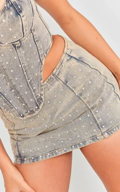 Vintage Wash Diamante Detail Denim Mini Skirt
