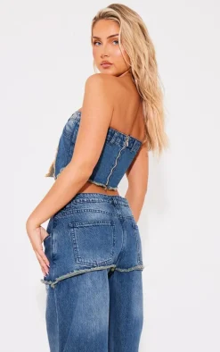 Vintage Wash Exposed Pocket Split Detail Denim Crop Top
