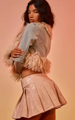 Vintage Wash Faux Fur Trim Cropped Denim Jacket