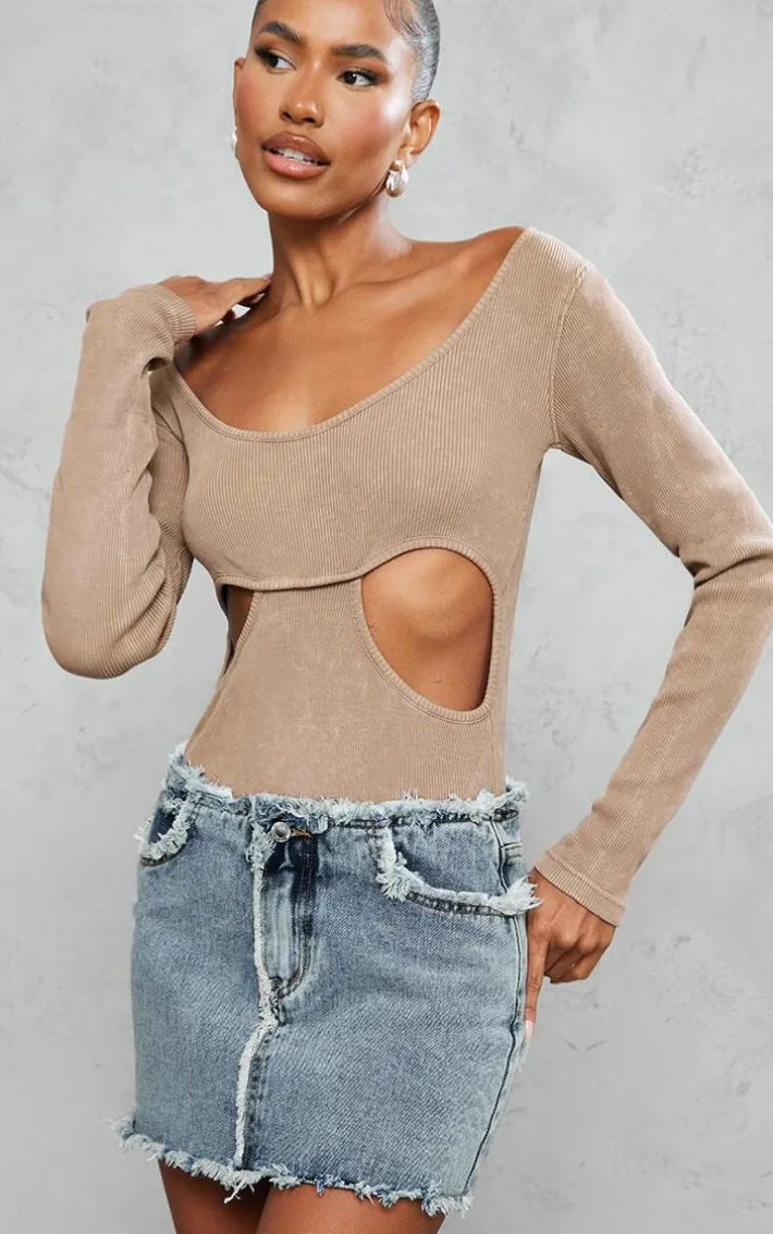 Vintage Wash Frayed Detail Denim Skirt