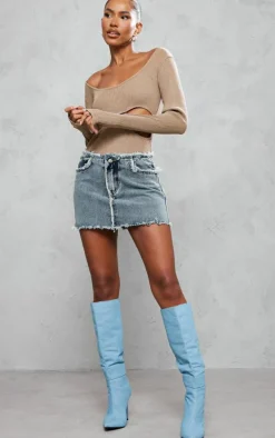 Vintage Wash Frayed Detail Denim Skirt