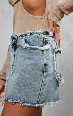 Vintage Wash Frayed Detail Denim Skirt